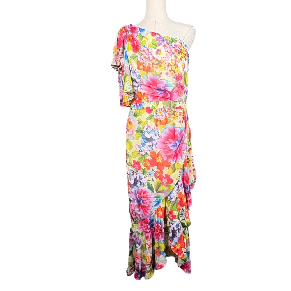 Betsy & Adam Floral Maxi Dress One Shoulder Multicolor Womens 10 Garden Party